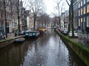 Canal in Amsterdam (note: the workshop was in Nijmegen, not Amsterdam. Also note: the dangers of parallel parking next to a canal. You'd be safer living in one of these houseboats!
